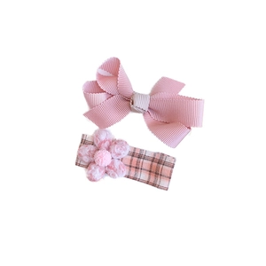 Pink ribbon bow hair clip and checkered fabric flower hairpins set for girls and toddlers