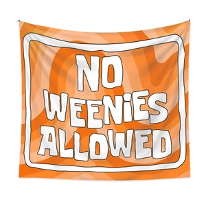 Detail of bohemian orange tapestry with wavy texture and NO WEENIES ALLOWED text