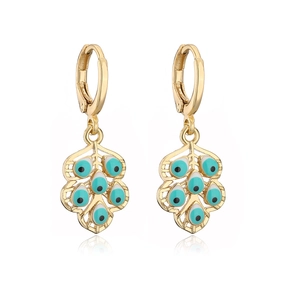 18K gold plated hollow leaf earrings with blue evil eye enamel charms for women