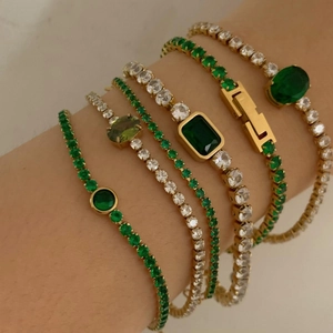 Stainless Steel Tennis Bracelet Green Cubic Zirconia Emerald Cut Fashion Stackable Jewelry For Women