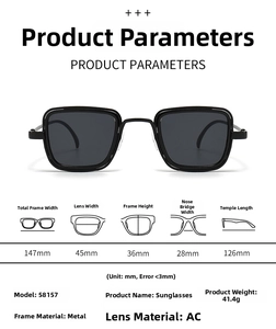 Detailed dimension guide for model 58157 square metal sunglasses with size specifications
