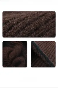 Detailed close-up showing thick ribbed knit texture and brown wool fibers on winter hat