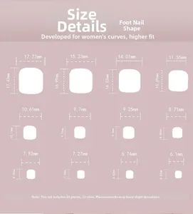 Size chart showing 12 dimensions for press-on toenails with caramel smudge design