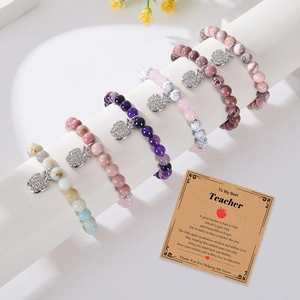 Naturstein-Armbänder mit Diamant-Apfel-Anhänger und Lehrer-Geschenkkarte Set