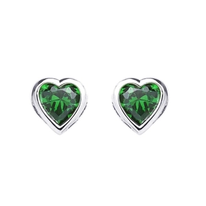 Detailed view of heart-shaped green zircon stud earrings with silver metal base