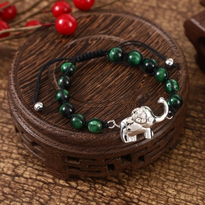 Green natural stone elephant charm bracelet with 8mm beads and adjustable black woven cord