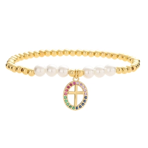 Elegant beaded bracelet with pearls, gold beads, and a rainbow zircon cross pendant