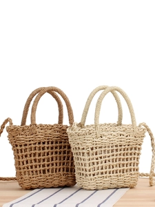 Mini Woven Crossbody Bag Paper Rope Hollow Out Beach Vacation Summer Handbag For Women With Drawstring Lining