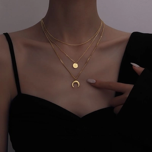 Layered Necklace Stainless Steel Gold Plated Sun Starburst Medallion Crescent Moon Pendant Vintage Elegant Jewelry