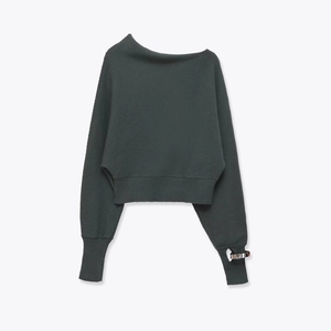 Slim fit off-shoulder dark green knit sweater with asymmetric neck and metal ring detail