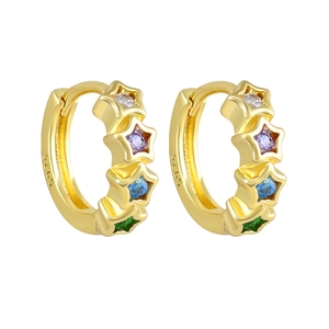 Classic 925 silver gold-plated hoop earrings with vibrant colorful star-shaped zirconia stones