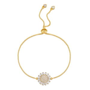 Detail of gold bolo bracelet with zircon sunburst pendant and heart-shaped charms