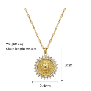 Detail of lion head pendant with crystal accents and chain size specifications