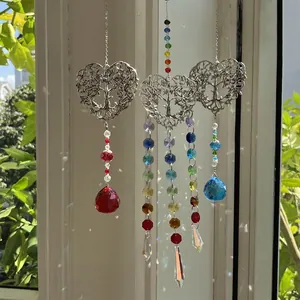 Heart Tree Of Life Crystal Suncatcher Hanging Ornament Rainbow Maker Prism Metal Hollow Window Home Garden Decoration