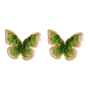 Elegant butterfly stud earrings with green crystals and gold plating for women