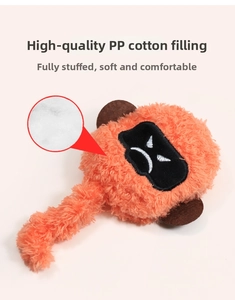Detail of plush cat toy showing premium PP cotton filling and soft orange velvet texture