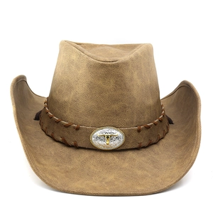 Chapeau de cowboy western classique en similicuir marron avec boucle de tête de taureau argentée