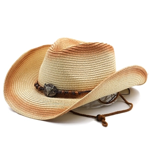 Western style woven straw cowboy hat with bull head ornament and adjustable chin strap