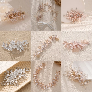 Bridal hair accessories set featuring gold floral combs and pearl leaf clips in 9-grid view