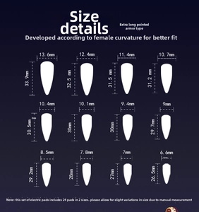 Detailed sizing chart for extra long stiletto press on nails featuring 12 different sizes