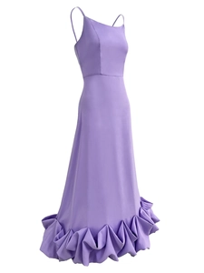 Detailed view of lavender purple evening gown with spaghetti straps and layered ruffle hem