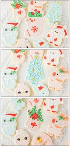 Detailed view of colorful Christmas cookies including reindeer and snowflake shapes
