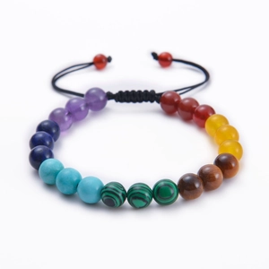 Chakra bracelet with 8mm natural stones and adjustable black woven cord on white background