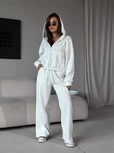 Damen Strass Kapuzenpullover Und Hose Baumwolle Reißverschluss Sweatshirt Kordelzug Hose Sportlich Lässige Streetwear
