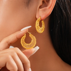 Women Vintage 18K Gold Plated Round Hoop Earrings Copper Woven Mesh Hollow Design Geometric Fashion Jewelry