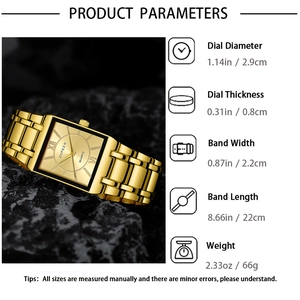 Detailed specs of square gold quartz watch showing case dimensions and strap measurements