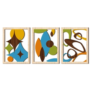 Set di 3 decorazioni da parete in legno con forme geometriche astratte e colori moderni