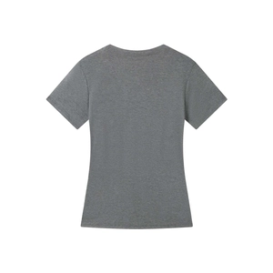 Detailed back view of a slim-fit grey short-sleeve V-neck t-shirt in soft knit fabric
