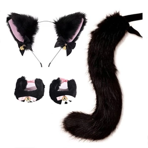 Plush cat ear headband set with pink inner ears, fluffy tail and bell wristbands