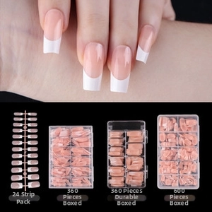 French tip stiletto nail set showing 24, 360, and 600 pieces in various packaging options