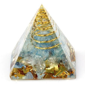 Handmade Orgone pyramid with natural blue crystal stones and gold foil resin decor