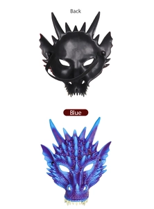 Detailed front and back view of blue dragon mask featuring realistic scales and elastic strap