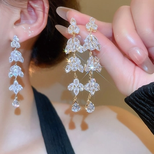 Macro view of long zircon tassel earrings featuring cascading teardrop crystals