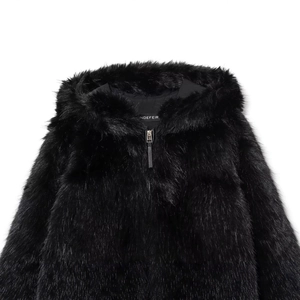 Women's black hooded faux fur jacket with plush texture and front zipper closure
