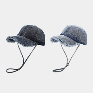 Casquette De Baseball En Denim Lavé Avec Bord Effiloché Corde Coupe-Vent Réglable Coton Extérieur Vintage Streetwear