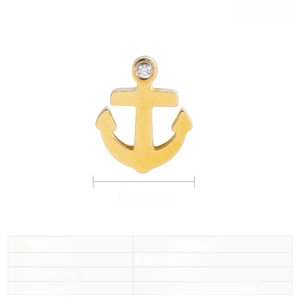 Detailed view of gold stainless steel anchor charm with rhinestone, 11mm size and 1.5g weight