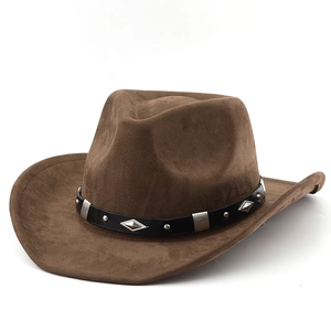 Classic brown suede western cowboy hat with metal studded leather band on white background