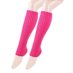 Close-up of bright rose red knitted leg warmers with vertical striped texture and long fit