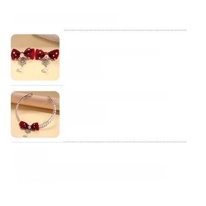 Detailed size and material specification chart for red bow and pearl jewelry set