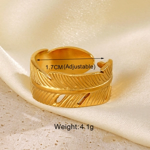 Detailed view of golden feather ring with texture and 1.7cm adjustable size markings