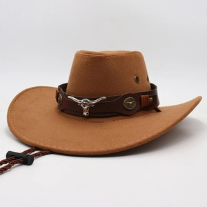 Classic brown western cowboy hat with silver bull head emblem and adjustable wind string