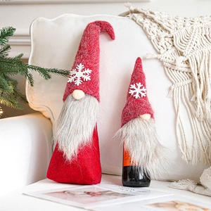 Christmas gnome wine bottle cover and plush decoration set with snowflakes on red hats