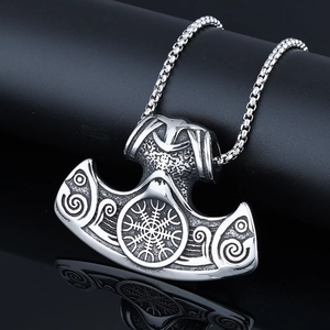 Viking Thor Hammer necklace with Nordic runes and Vegvisir compass on polished steel axe pendant