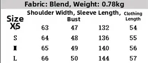 Size chart detail for herringbone puffer bomber jacket showing measurements for XS to L