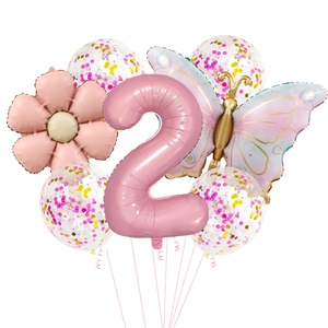 Pink daisy butterfly balloon set with number 2 and confetti latex for birthday party decor