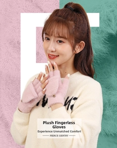 Detail of pink faux cashmere fingerless gloves with flip top and button fastener